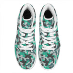 Teal And Black Camouflage Print High Top Leather Sneakers