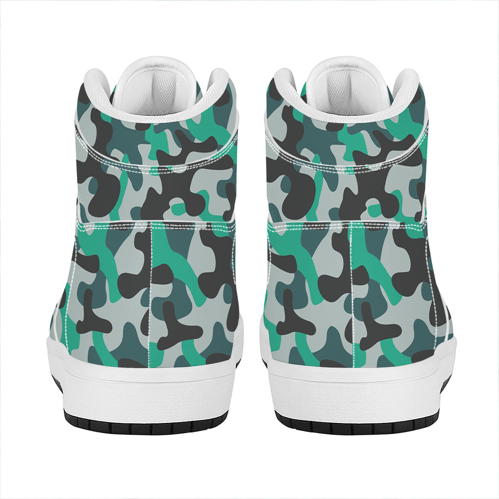 Teal And Black Camouflage Print High Top Leather Sneakers