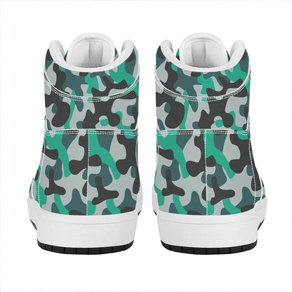 Teal And Black Camouflage Print High Top Leather Sneakers