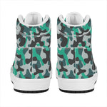 Teal And Black Camouflage Print High Top Leather Sneakers