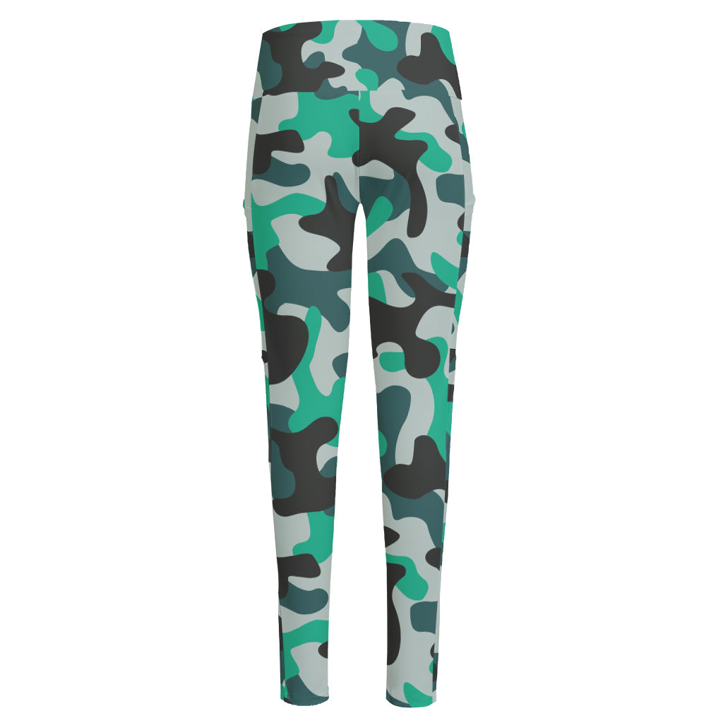 Teal And Black Camouflage Print High-Waisted Pocket Leggings