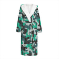 Teal And Black Camouflage Print Hooded Bathrobe