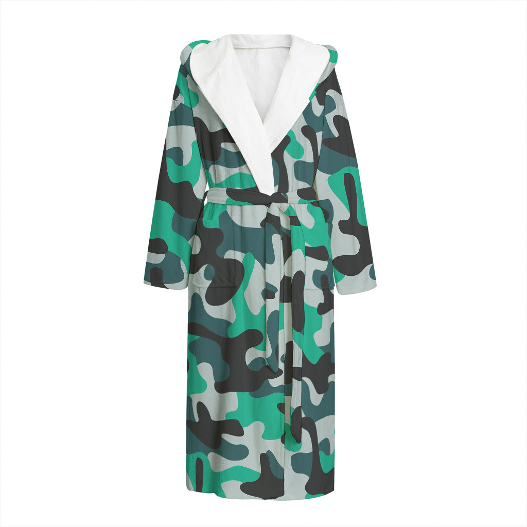 Teal And Black Camouflage Print Hooded Bathrobe