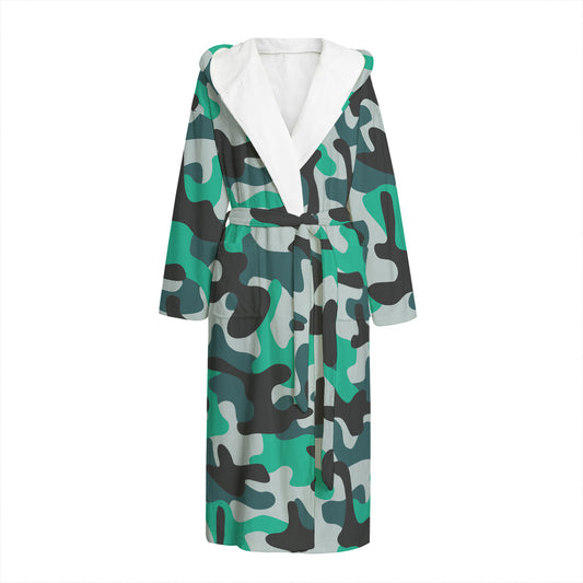 Teal And Black Camouflage Print Hooded Bathrobe