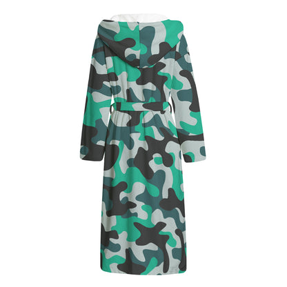 Teal And Black Camouflage Print Hooded Bathrobe