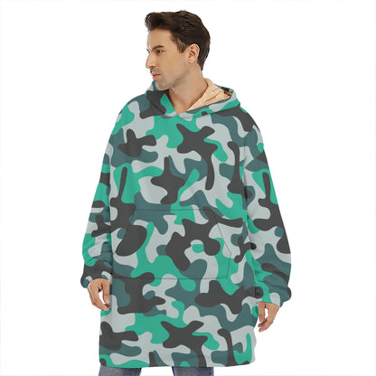 Teal And Black Camouflage Print Hoodie Blanket