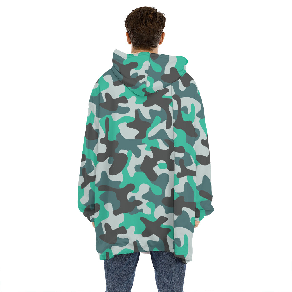 Teal And Black Camouflage Print Hoodie Blanket