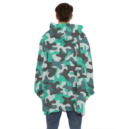 Teal And Black Camouflage Print Hoodie Blanket
