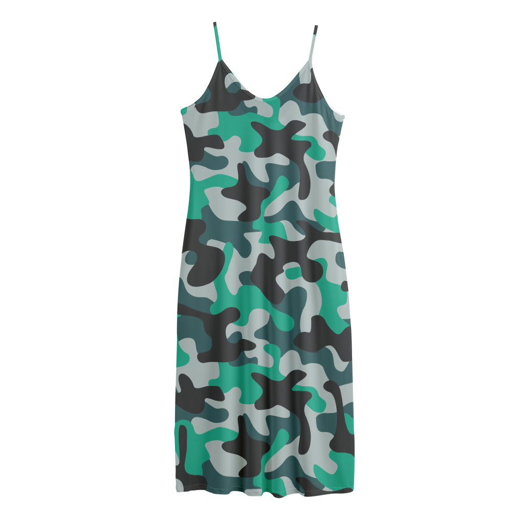 Teal And Black Camouflage Print Jersey Midi Cami Dress