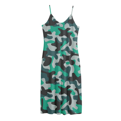 Teal And Black Camouflage Print Jersey Midi Cami Dress