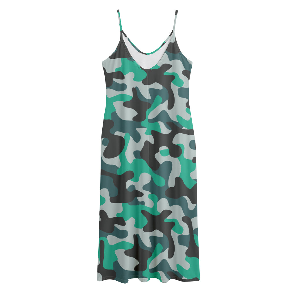 Teal And Black Camouflage Print Jersey Midi Cami Dress