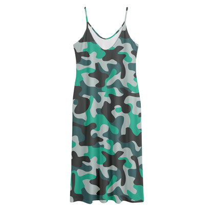 Teal And Black Camouflage Print Jersey Midi Cami Dress