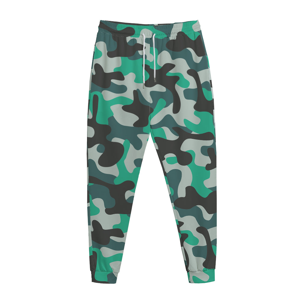 Teal And Black Camouflage Print Jogger Pants