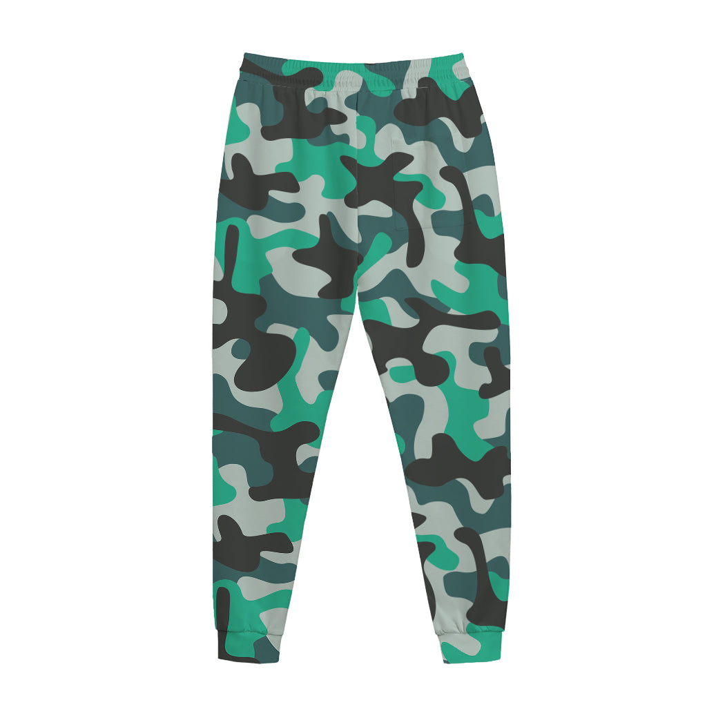 Teal And Black Camouflage Print Jogger Pants