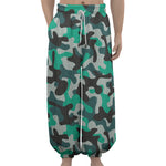 Teal And Black Camouflage Print Lantern Pants