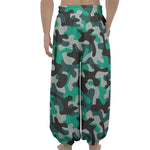 Teal And Black Camouflage Print Lantern Pants