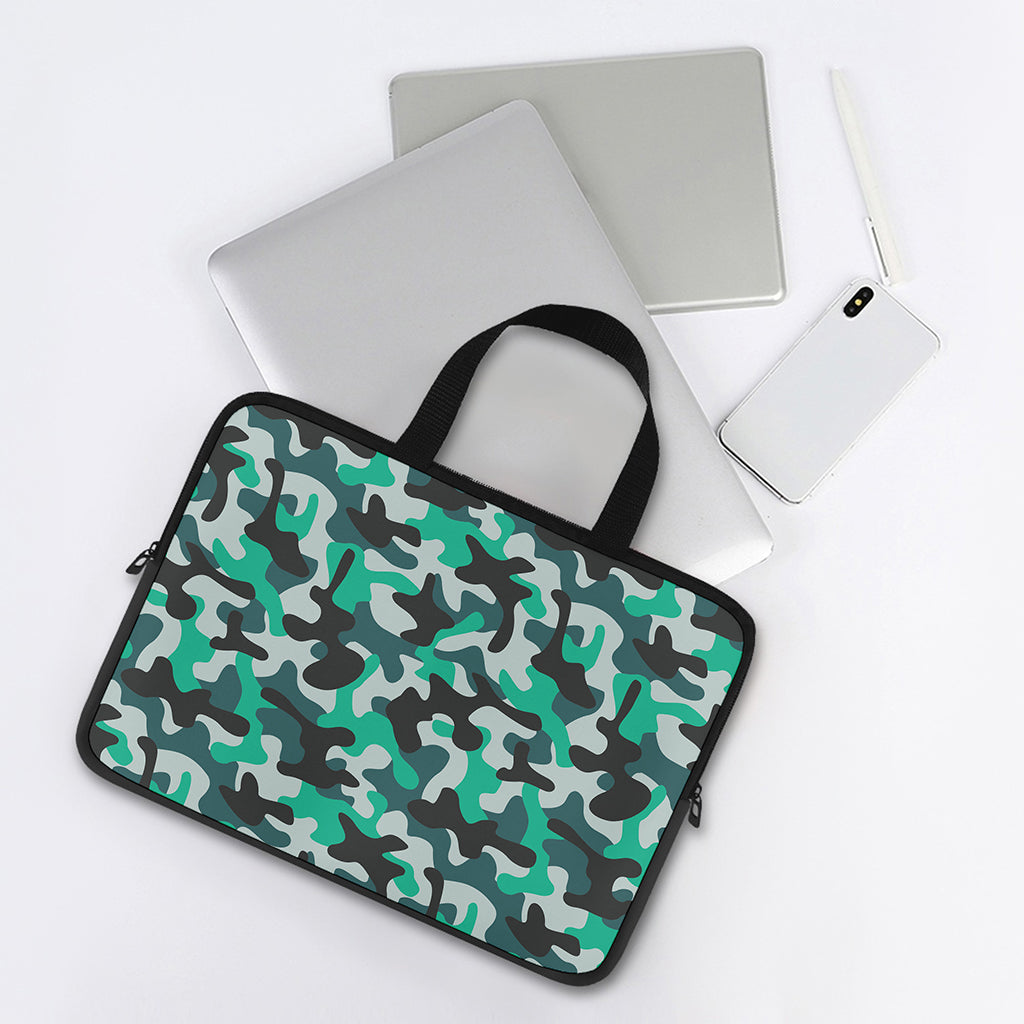Teal And Black Camouflage Print Laptop Sleeve With Handle