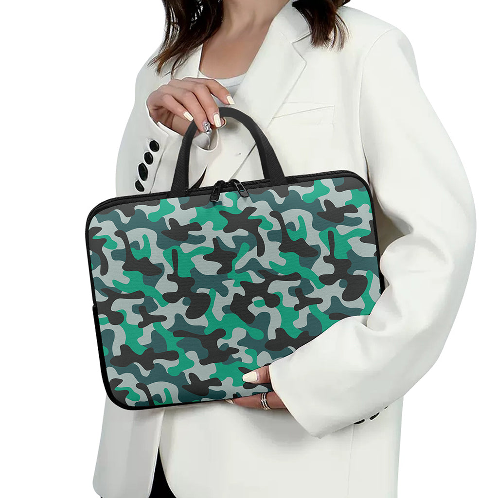 Teal And Black Camouflage Print Laptop Sleeve With Handle