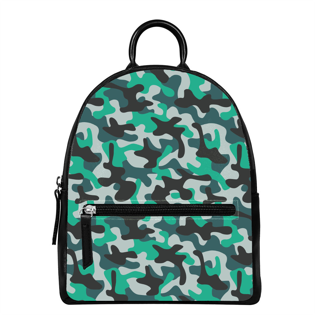 Teal And Black Camouflage Print Leather Backpack