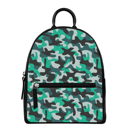 Teal And Black Camouflage Print Leather Backpack