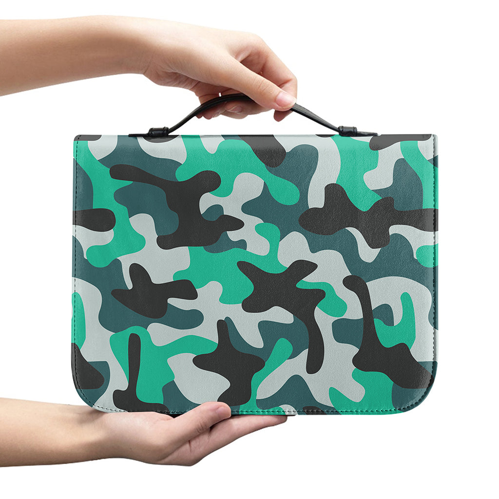 Teal And Black Camouflage Print Leather Bible Cover