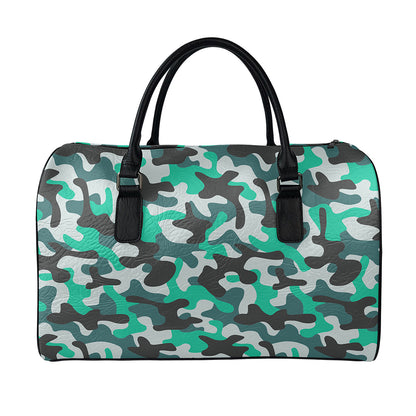Teal And Black Camouflage Print Leather Duffle Bag