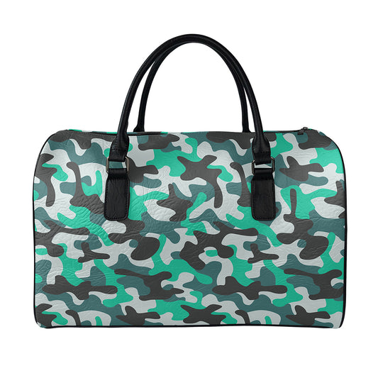 Teal And Black Camouflage Print Leather Duffle Bag
