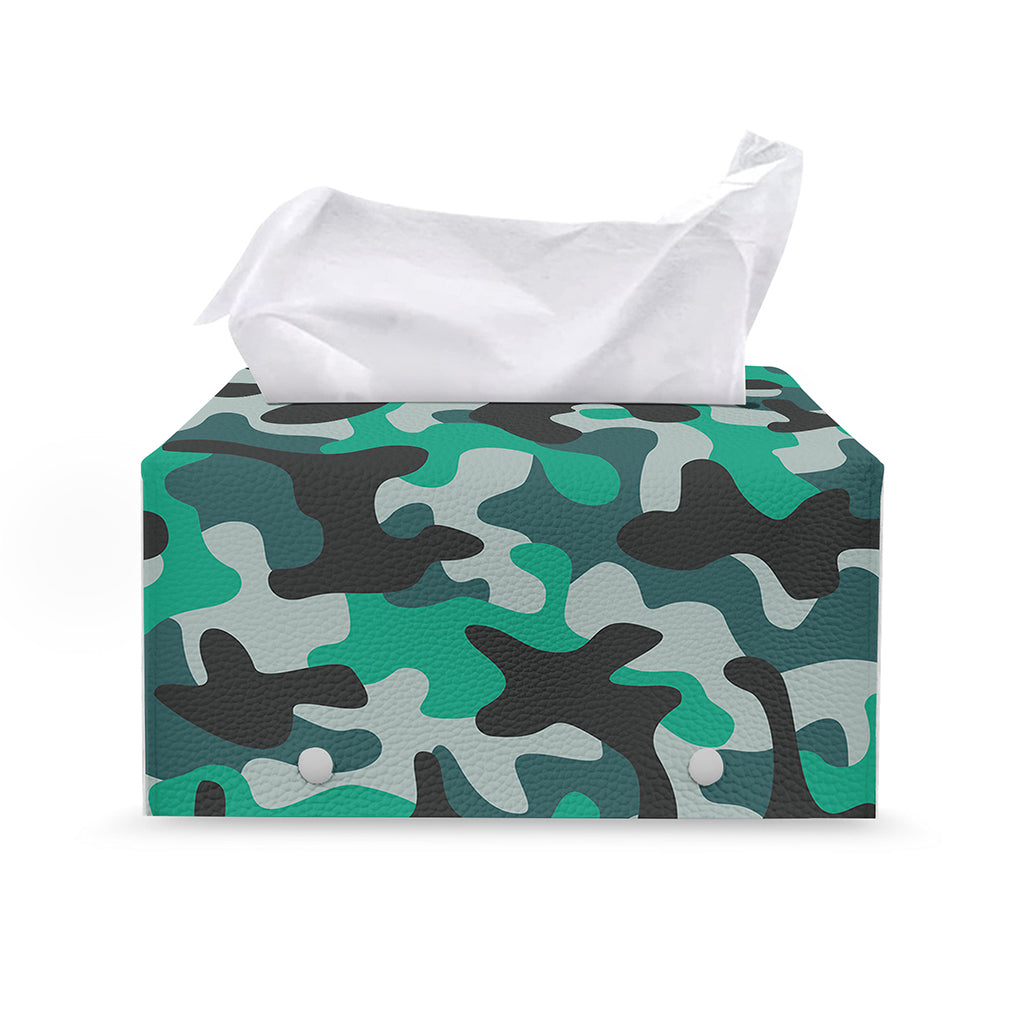 Teal And Black Camouflage Print Leather Tissue Box Cover