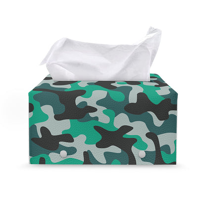 Teal And Black Camouflage Print Leather Tissue Box Cover