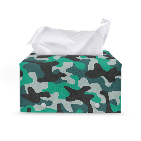 Teal And Black Camouflage Print Leather Tissue Box Cover