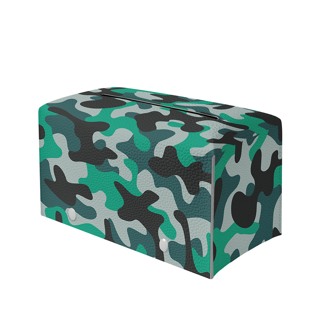 Teal And Black Camouflage Print Leather Tissue Box Cover