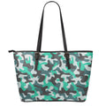 Teal And Black Camouflage Print Leather Tote Bag With Zipper