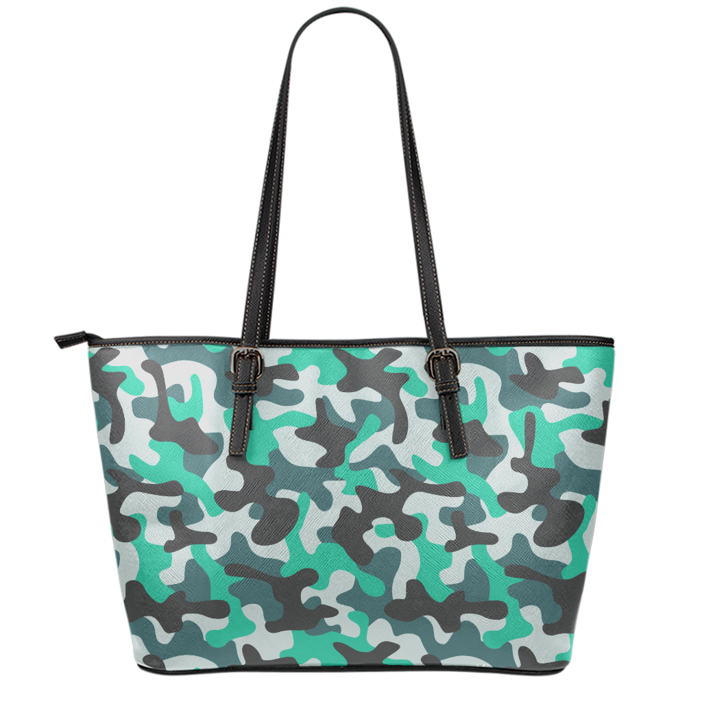 Teal And Black Camouflage Print Leather Tote Bag