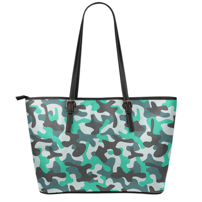 Teal And Black Camouflage Print Leather Tote Bag