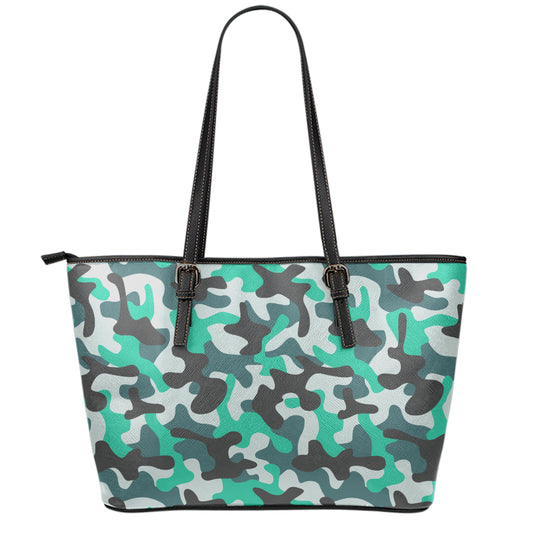 Teal And Black Camouflage Print Leather Tote Bag