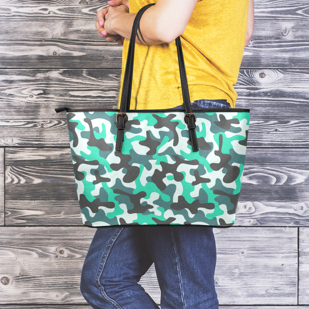 Teal And Black Camouflage Print Leather Tote Bag
