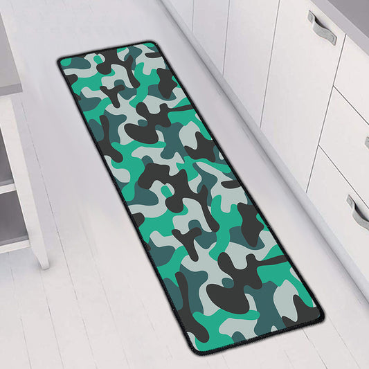 Teal And Black Camouflage Print Long Kitchen Mat