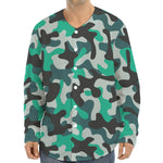 Teal And Black Camouflage Print Long Sleeve Baseball Jersey