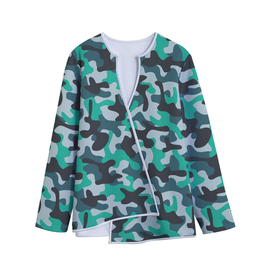 Teal And Black Camouflage Print Long Sleeve Short Coat