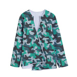 Teal And Black Camouflage Print Long Sleeve Short Coat