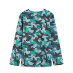 Teal And Black Camouflage Print Long Sleeve Short Coat