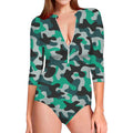 Teal And Black Camouflage Print Long Sleeve Swimsuit