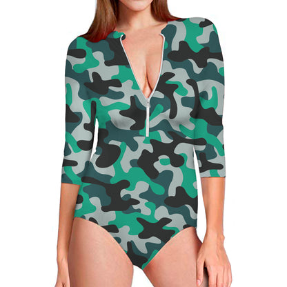 Teal And Black Camouflage Print Long Sleeve Swimsuit