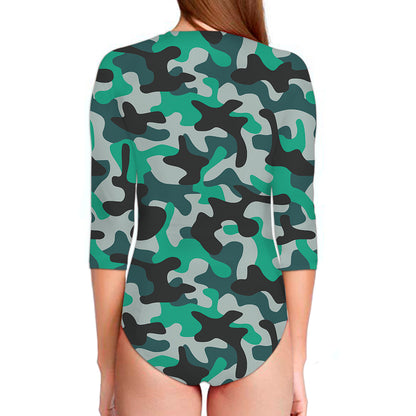 Teal And Black Camouflage Print Long Sleeve Swimsuit