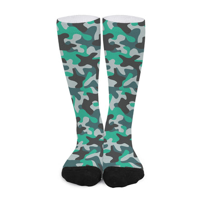 Teal And Black Camouflage Print Long Socks