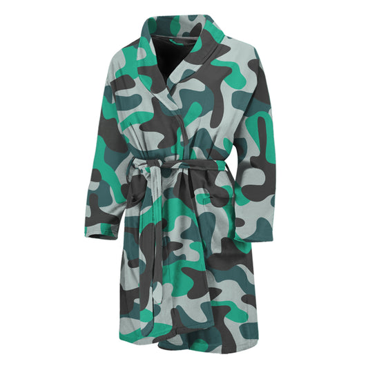 Teal And Black Camouflage Print Men's Bathrobe