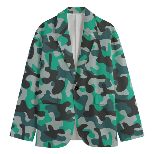 Teal And Black Camouflage Print Men's Blazer
