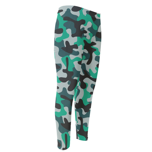 Teal And Black Camouflage Print Men's Compression Pants
