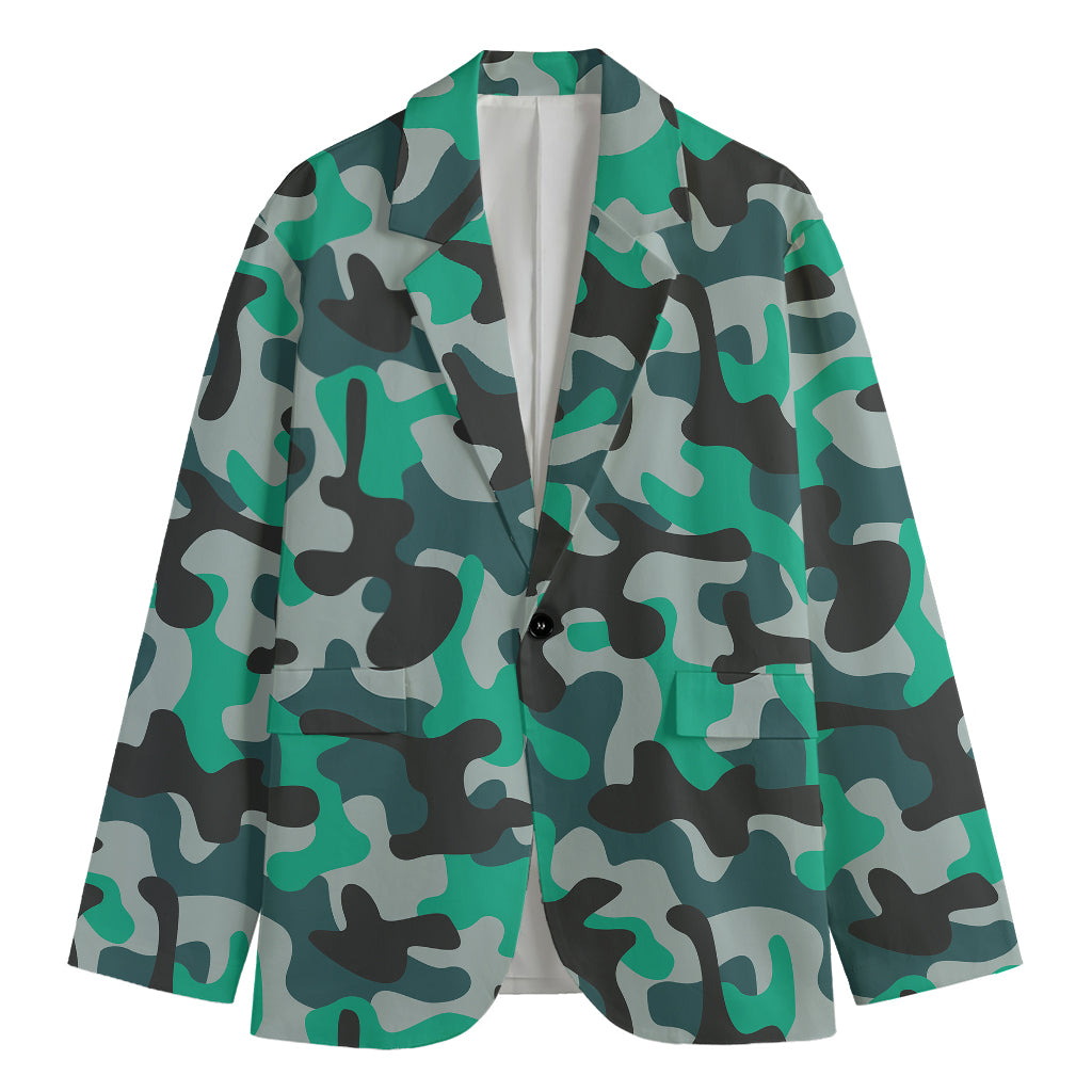 Teal And Black Camouflage Print Men's Cotton Blazer