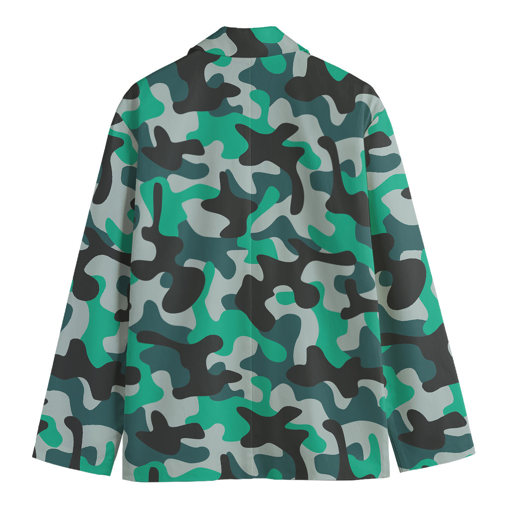 Teal And Black Camouflage Print Men's Cotton Blazer